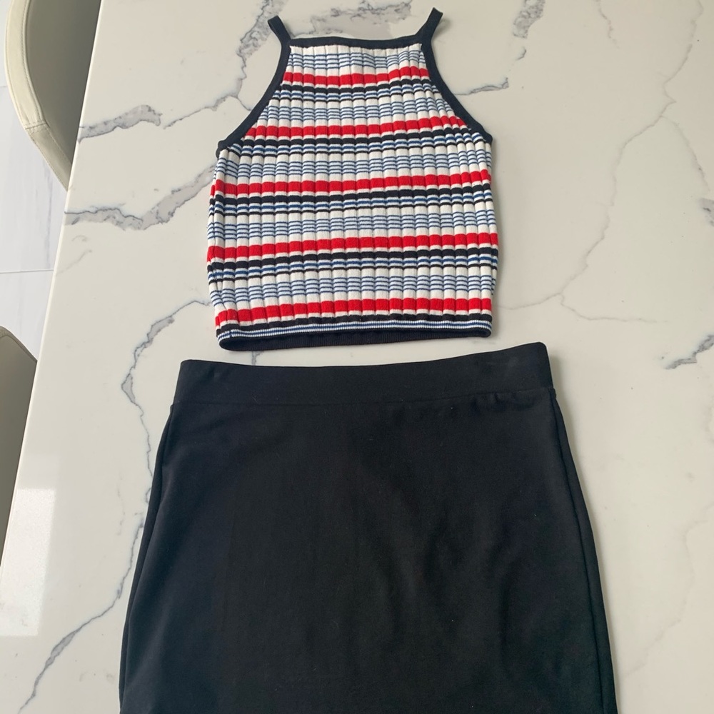 Ribbed stripe tank top with black fitted skirt